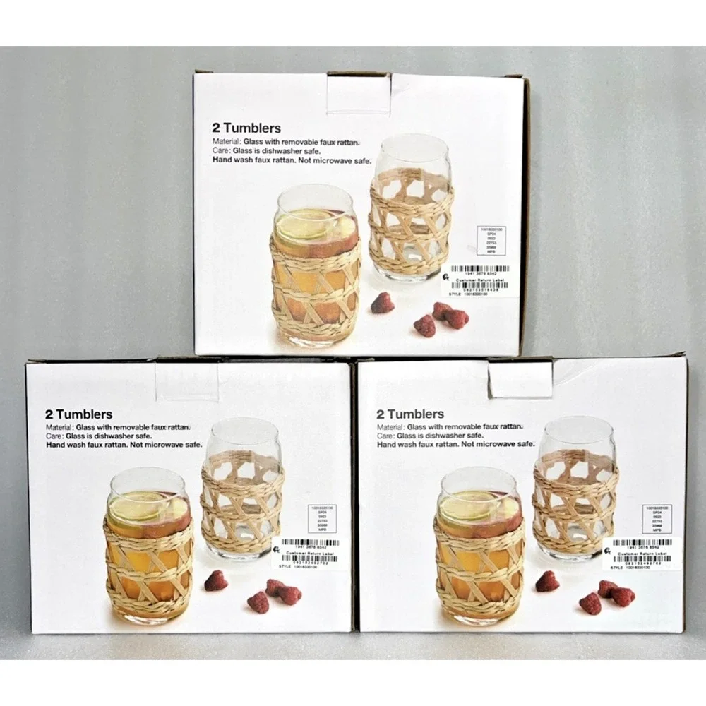 Set of 6 The Cellar Rattan & Glass Tumblers 16.2 oz Each w/ Removable Rattan NEW
